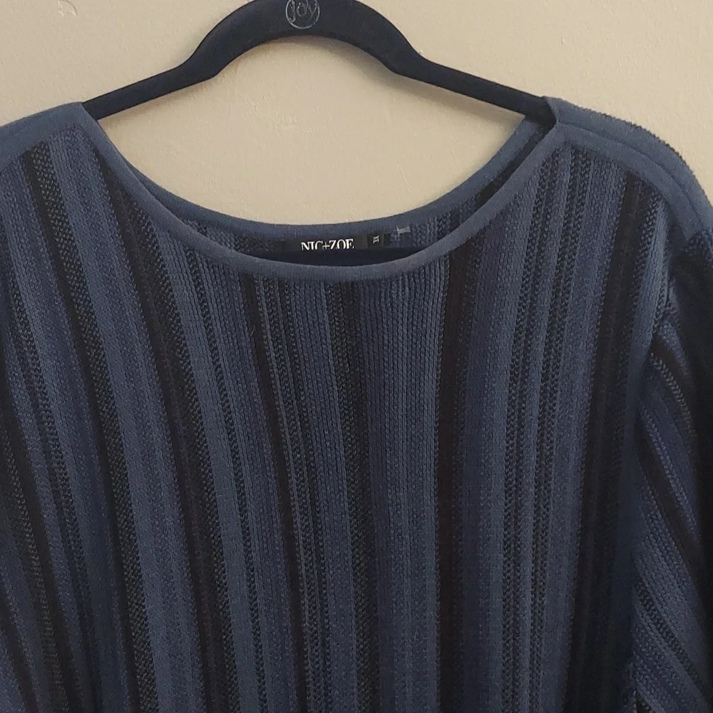 NIC+ZOE Navy Striped Boatneck Linen Pullover Longline Fringed Sweater 3X Boho
